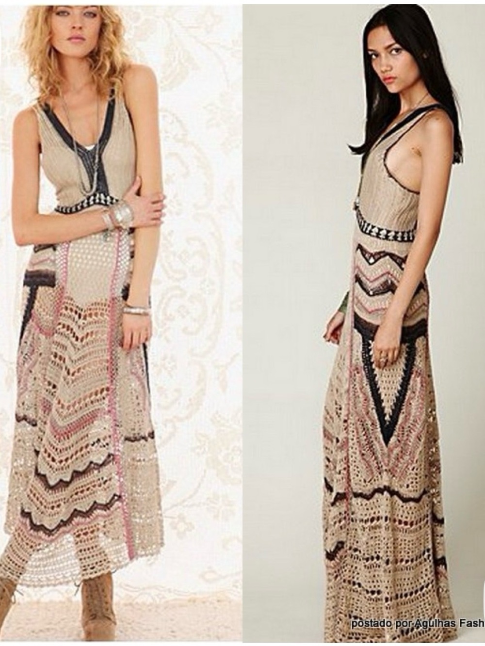 Free People Crochet Maxi Dress in Beige with Black & Navy Accents